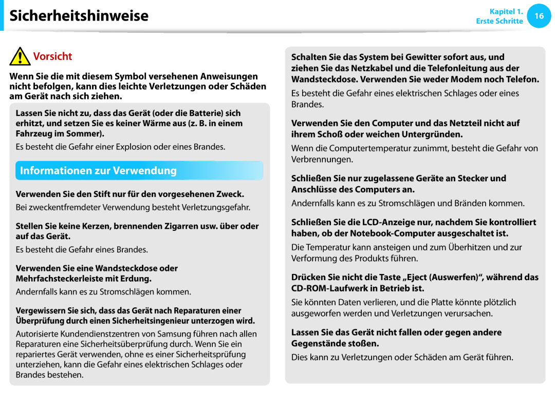 Samsung NP915S3G-K01TR, NP470R5E-X01DE, NP470R5E-X01PT manual Andernfalls kann es zu Stromschlägen und Bränden kommen 