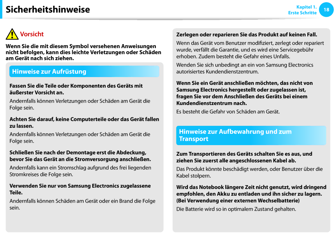 Samsung NP905S3G-K02PL manual Hinweise zur Aufbewahrung und zum Transport, Es besteht die Gefahr von Schäden am Gerät 