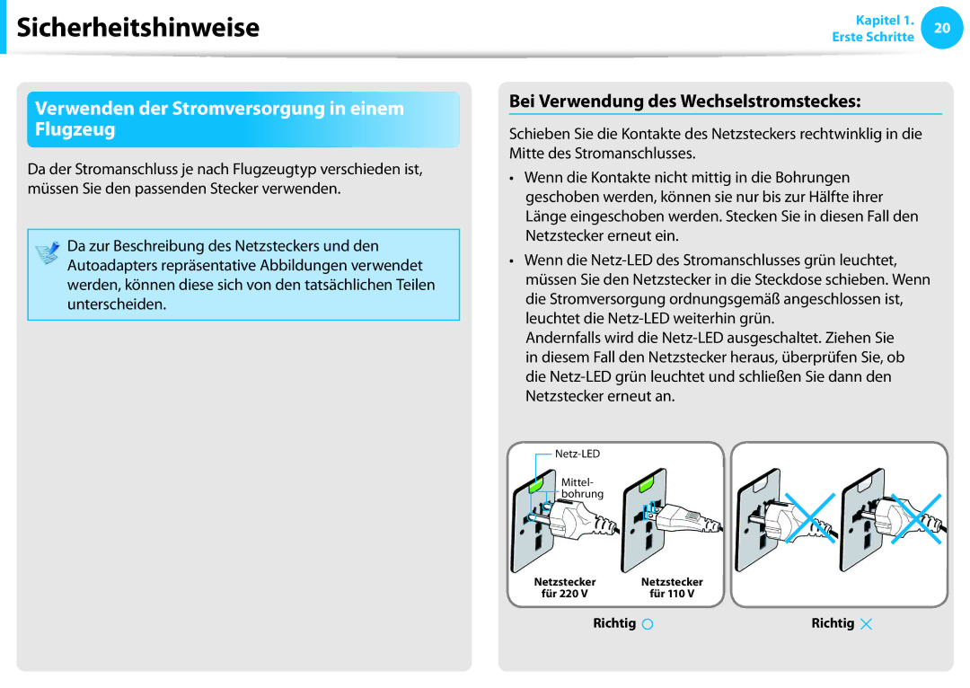 Samsung NP450R5E-X01BE manual Verwenden der Stromversorgung in einem Flugzeug, Bei Verwendung des Wechselstromsteckes 