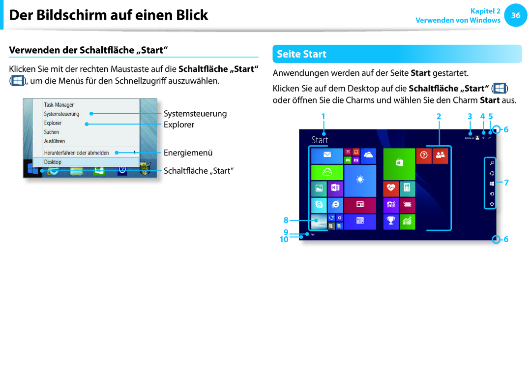 Samsung NP915S3G-K03DE manual Verwenden der Schaltfläche „Start, Anwendungen werden auf der Seite Start gestartet 