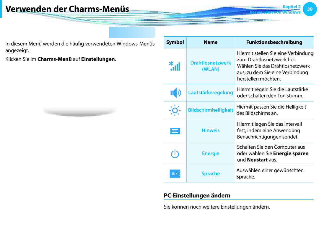 Samsung NP905S3G-K02PT Ändern der Einstellungen, PC-Einstellungen ändern, Klicken Sie im Charms-Menü auf Einstellungen 