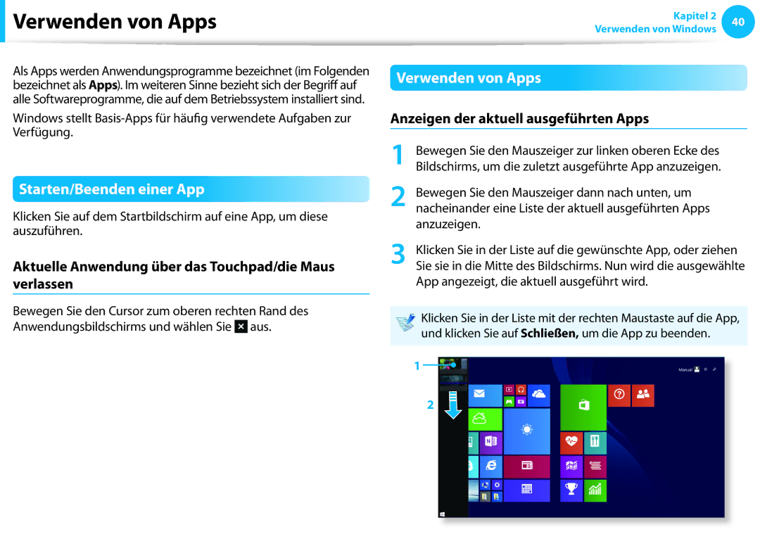 Samsung NP905S3G-K02IT manual Verwenden von Apps, Starten/Beenden einer App, Anzeigen der aktuell ausgeführten Apps 