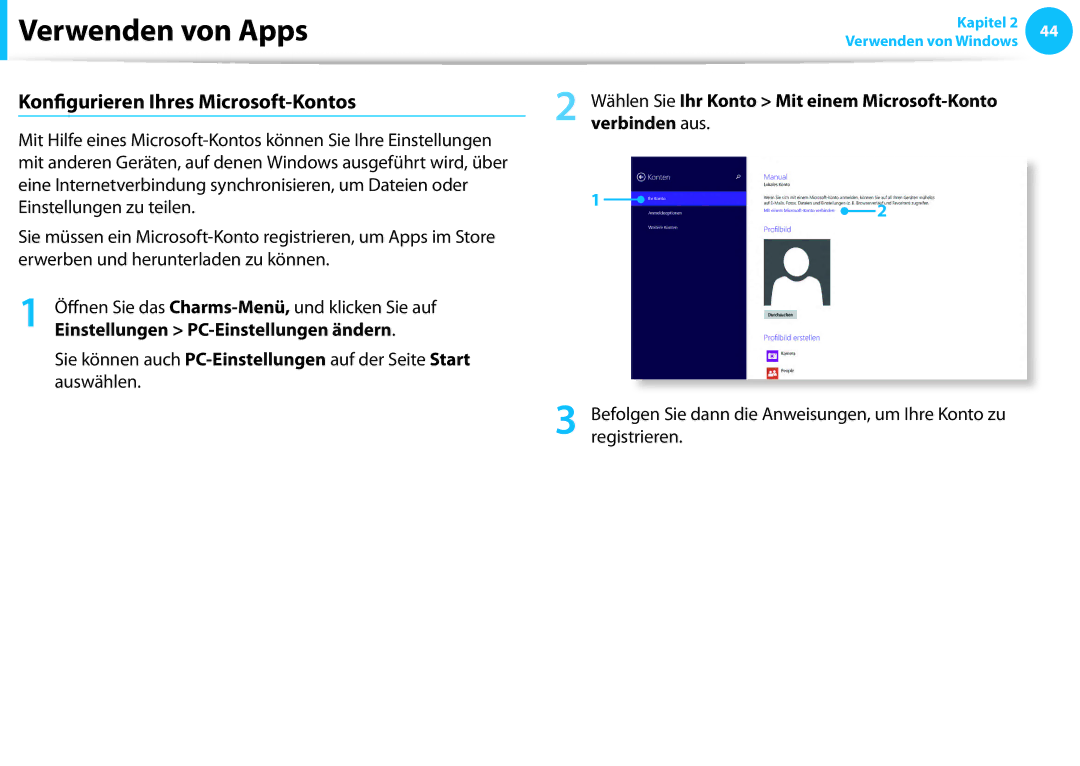 Samsung NP905S3G-K07AT, NP470R5E-X01DE manual Konfigurieren Ihres Microsoft-Kontos, Einstellungen PC-Einstellungen ändern 