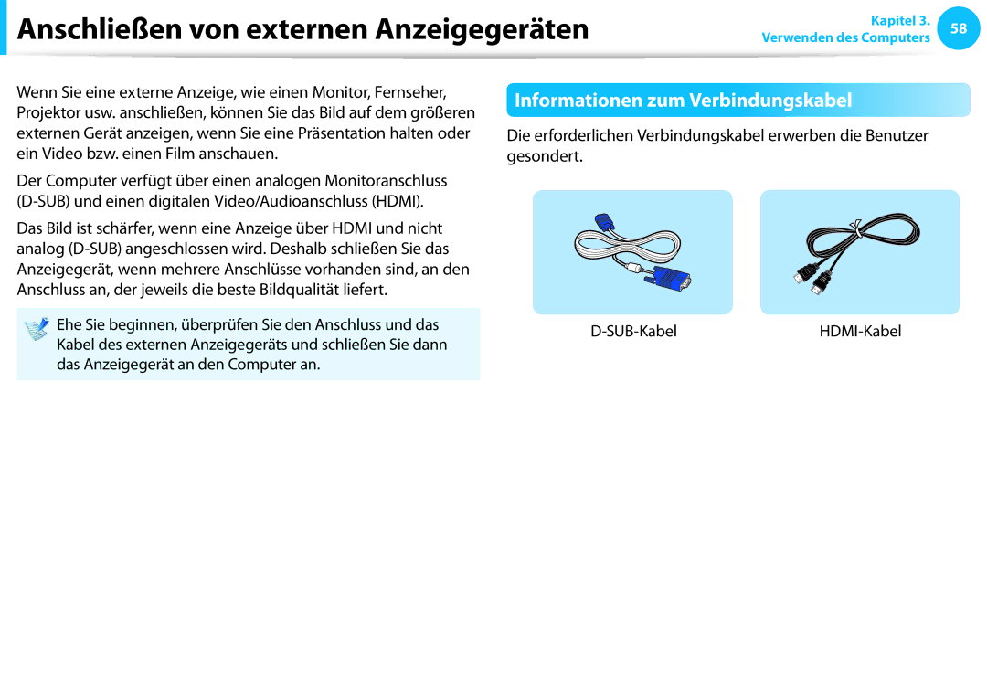 Samsung NP450R5E-X01GR, NP470R5E-X01DE manual Anschließen von externen Anzeigegeräten, Informationen zum Verbindungskabel 