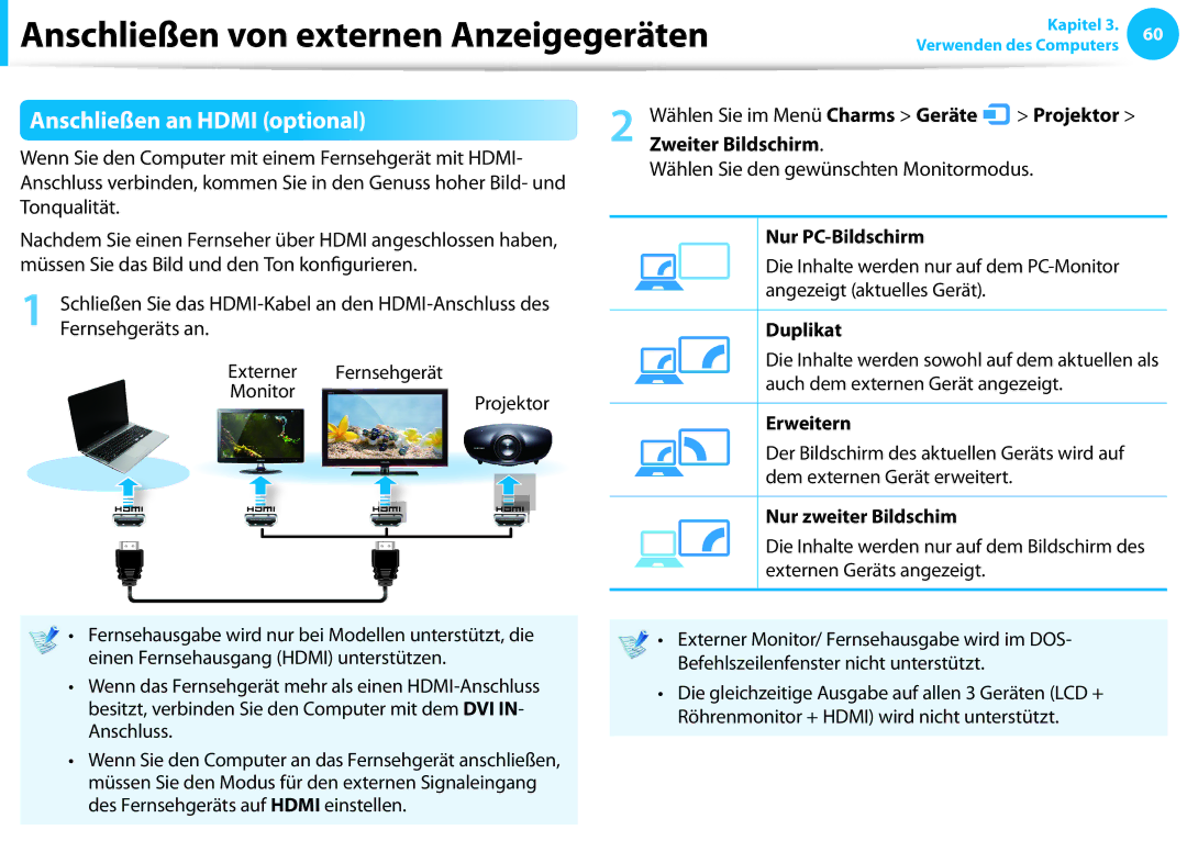 Samsung NP270E5J-X02TR, NP470R5E-X01DE Anschließen an Hdmi optional, Wenn Sie den Computer mit einem Fernsehgerät mit Hdmi 