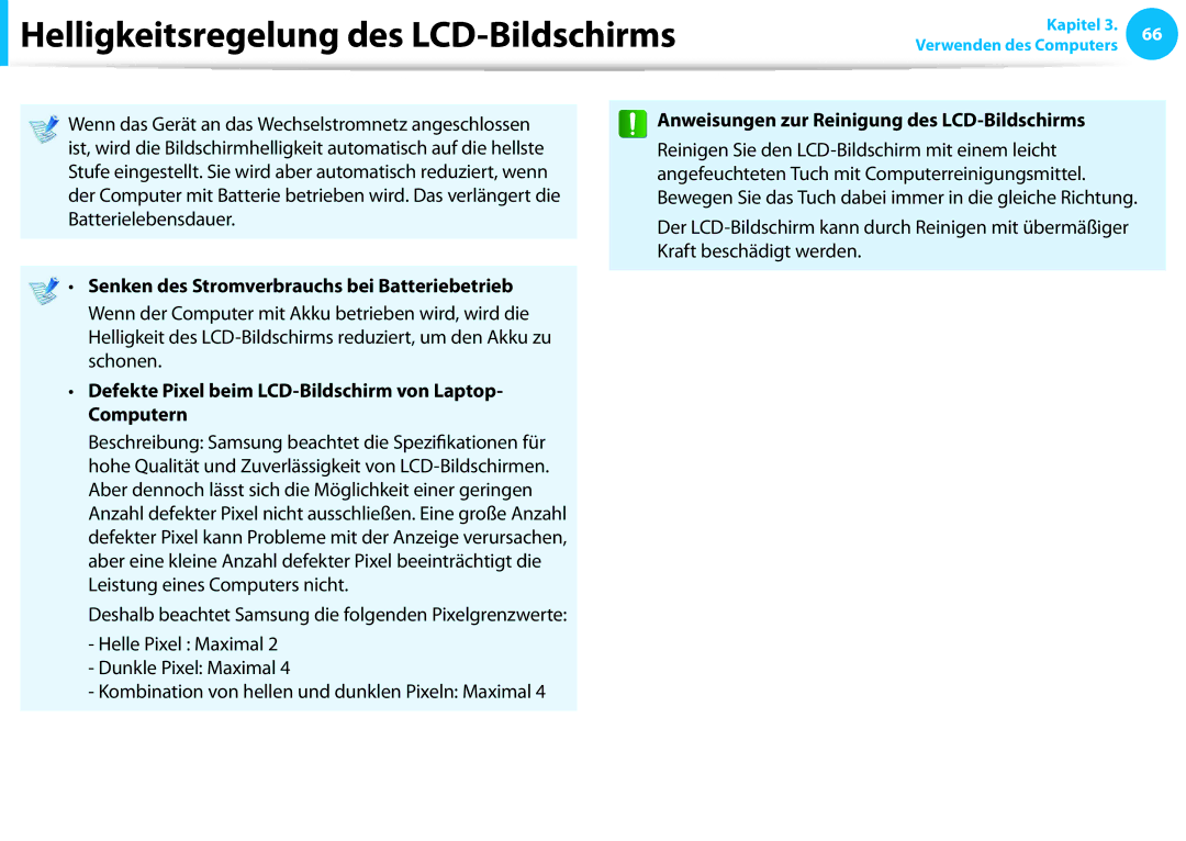 Samsung NP270E5E-X01DE manual Senken des Stromverbrauchs bei Batteriebetrieb, Anweisungen zur Reinigung des LCD-Bildschirms 