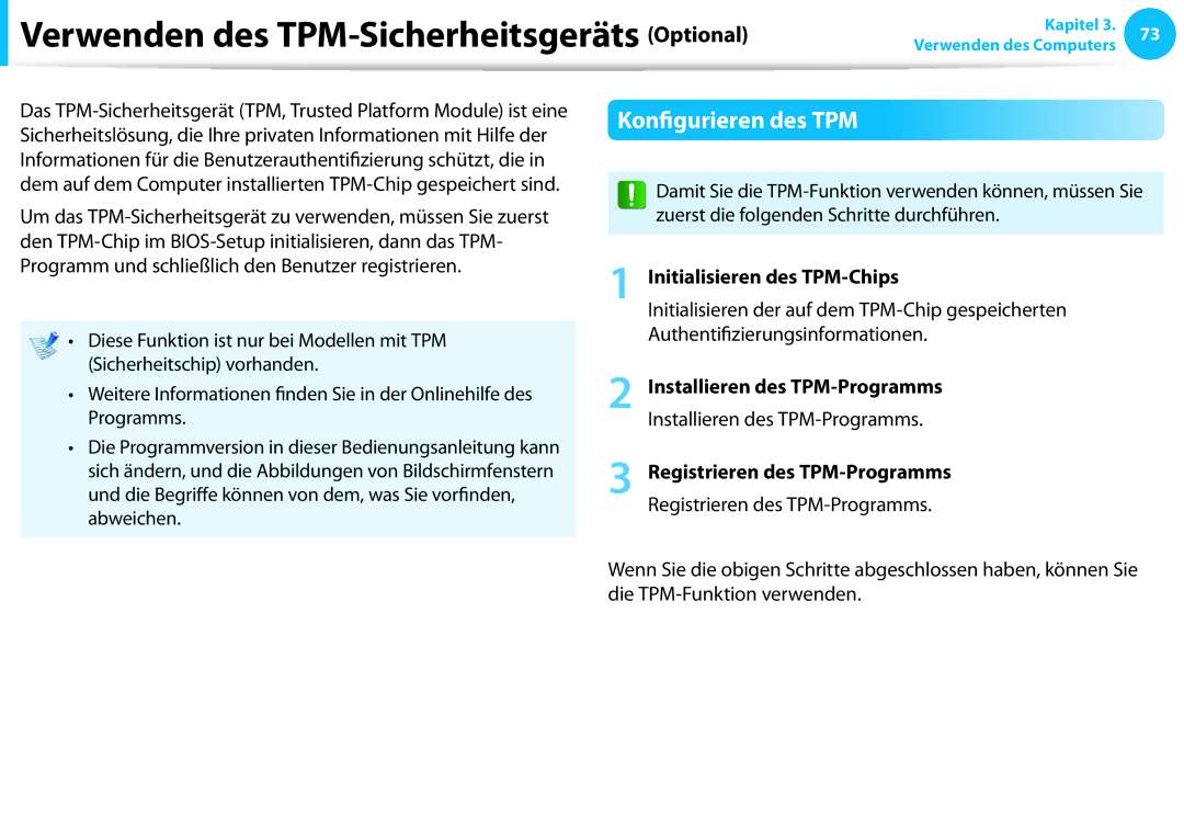 Samsung NP270E5E-K03IT Verwenden des TPM-Sicherheitsgeräts Optional, Konfigurieren des TPM, Initialisieren des TPM-Chips 