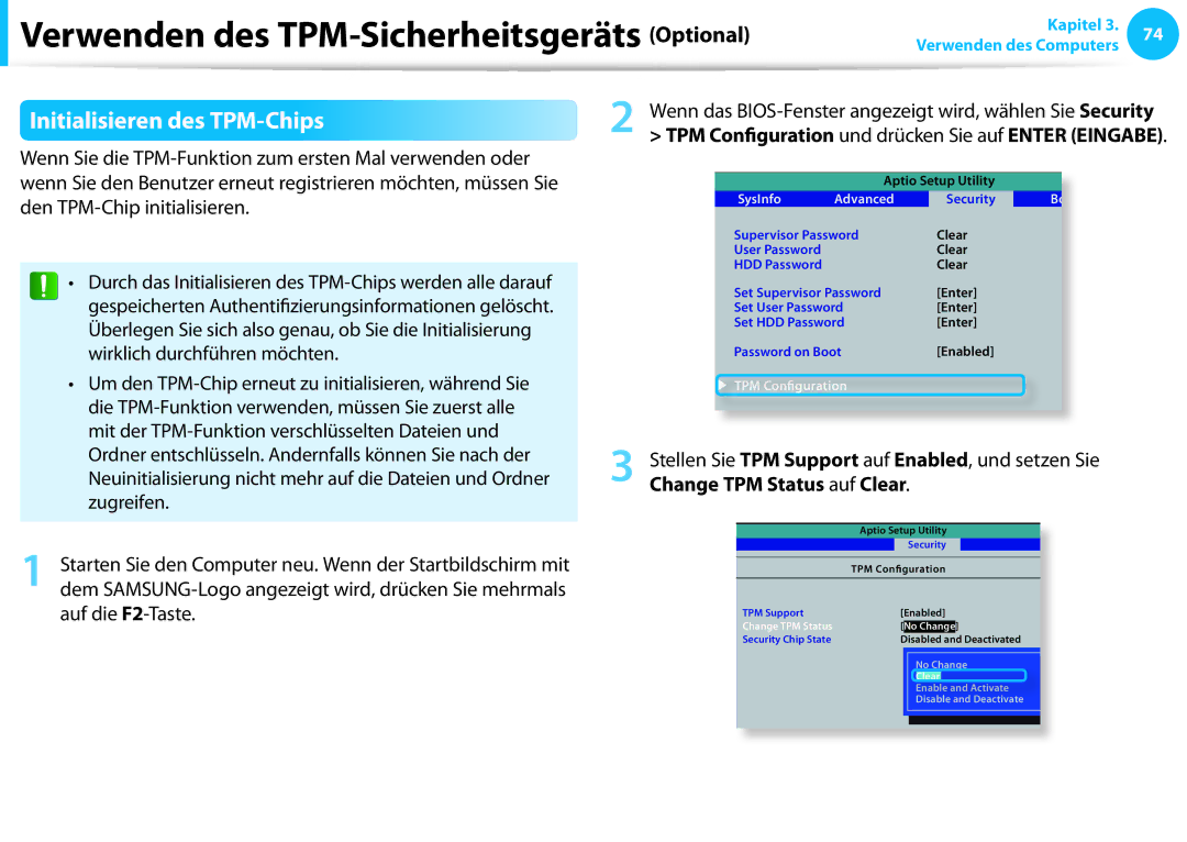 Samsung NP270E5E-X02AT, NP470R5E-X01DE Initialisieren des TPM-Chips, TPM Configuration und drücken Sie auf Enter Eingabe 