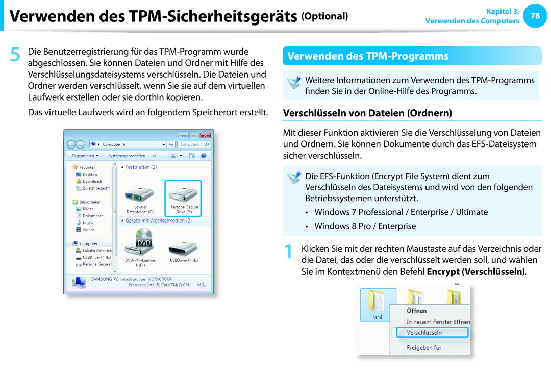 Samsung NP900X3G-K02DE, NP470R5E-X01DE, NP470R5E-X01PT, NP270E5G-K04AT, NP270E5G-K06TR manual Verwenden des TPM-Programms 