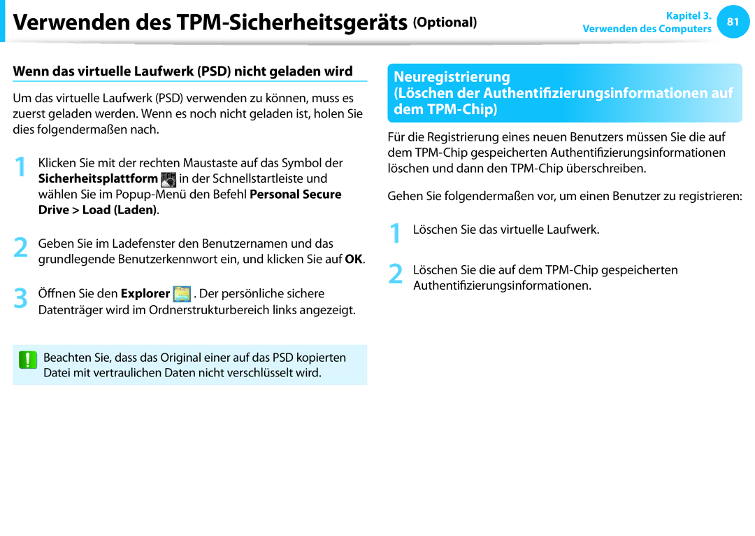 Samsung NP915S3G-K01BE manual Neuregistrierung, Wenn das virtuelle Laufwerk PSD nicht geladen wird, Drive Load Laden 