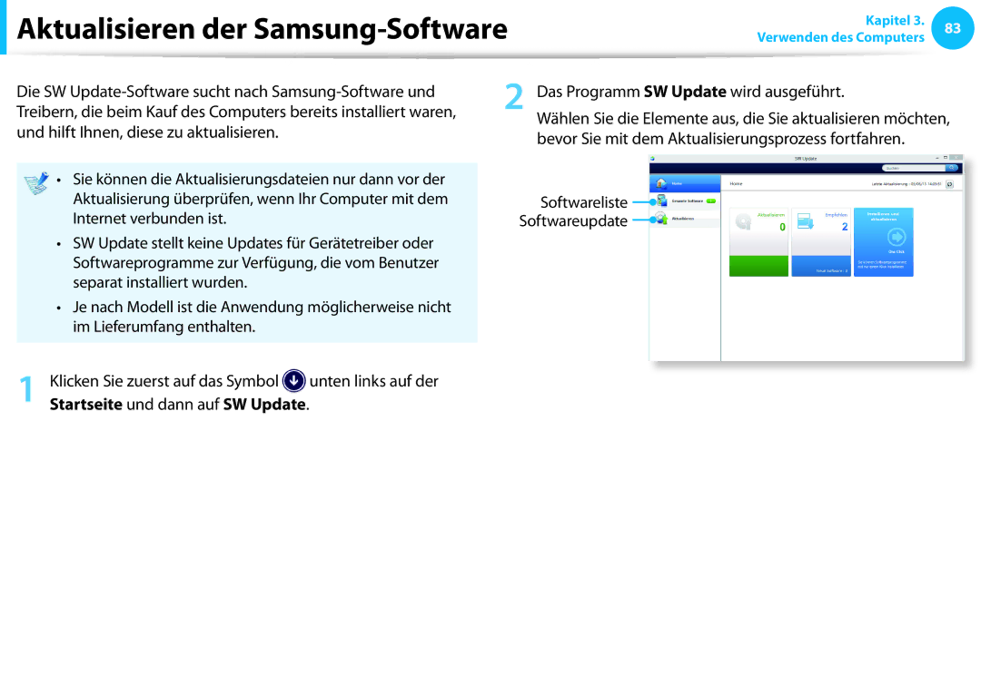 Samsung NP905S3G-K04DE, NP470R5E-X01DE manual Aktualisieren der Samsung-Software, Startseite und dann auf SW Update 