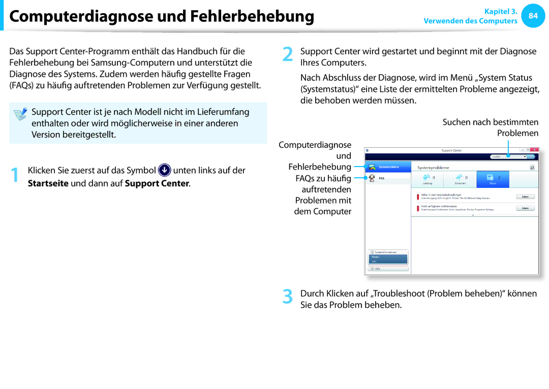 Samsung NP905S3G-K03AT, NP470R5E-X01DE manual Computerdiagnose und Fehlerbehebung, Startseite und dann auf Support Center 