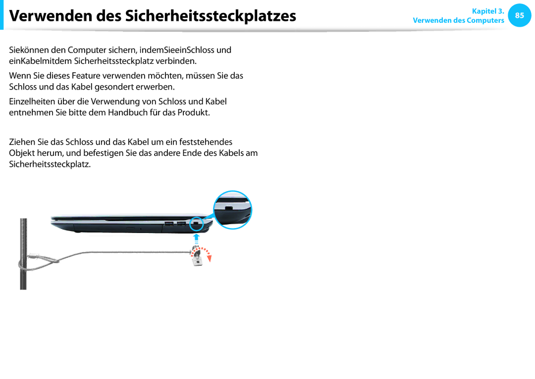 Samsung NP905S3G-K02TR, NP470R5E-X01DE, NP470R5E-X01PT, NP270E5G-K04AT, NP270E5G-K06TR Verwenden des Sicherheitssteckplatzes 