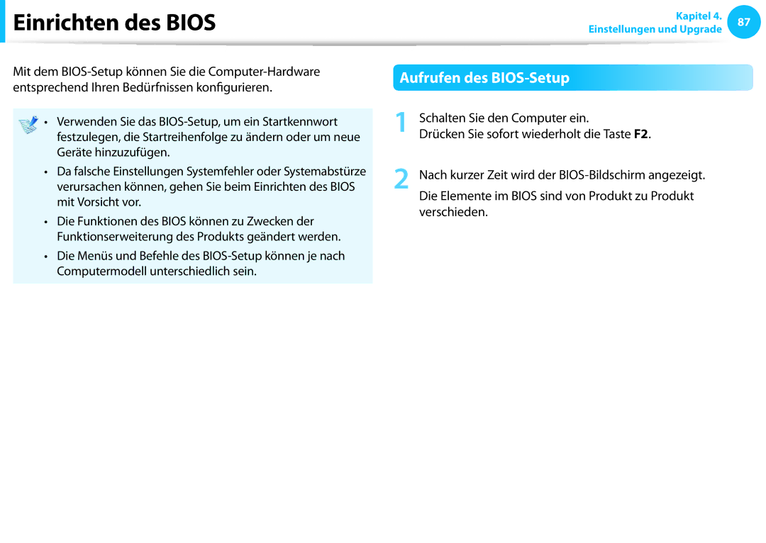 Samsung NP630Z5J-K01AT, NP470R5E-X01DE, NP470R5E-X01PT, NP270E5G-K04AT manual Einrichten des Bios, Aufrufen des BIOS-Setup 