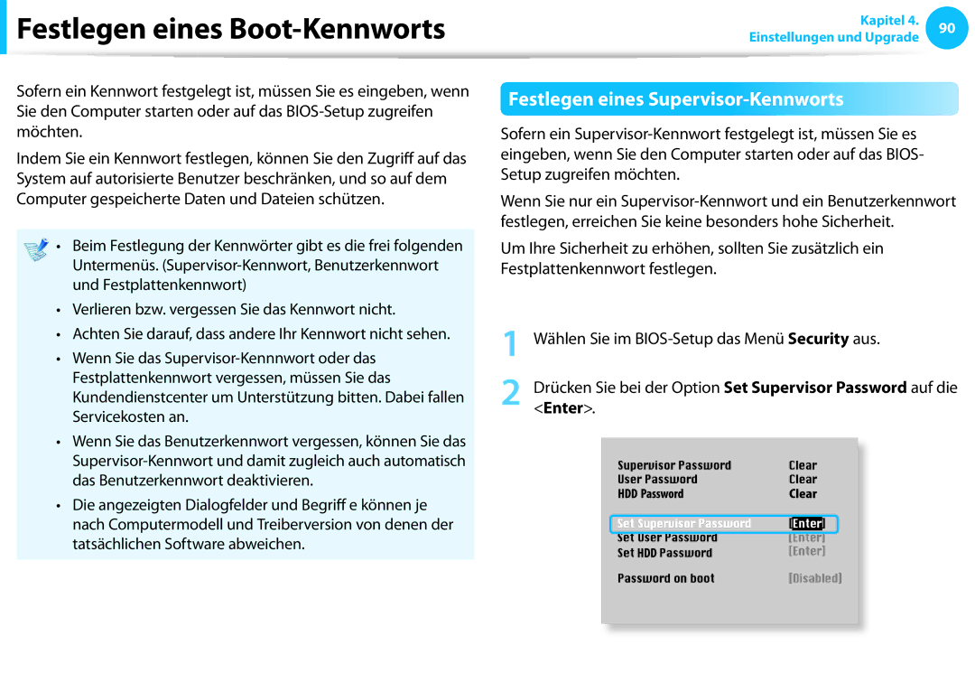 Samsung NP930X5J-K02DE, NP470R5E-X01DE manual Festlegen eines Boot-Kennworts, Festlegen eines Supervisor-Kennworts, Enter 