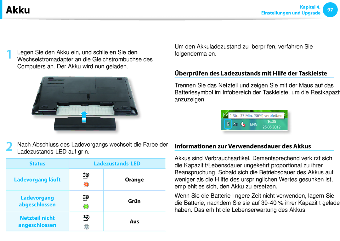 Samsung NP270E5J-X04TR Aufladen des Akkus, Messen der restlichen Akkuladung, Informationen zur Verwendensdauer des Akkus 