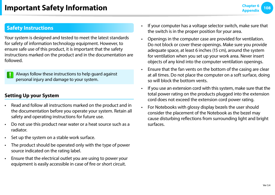 Samsung NP270E5E-X05IT, NP470R5E-X01DE manual Important Safety Information, Safety Instructions, Setting Up your System 