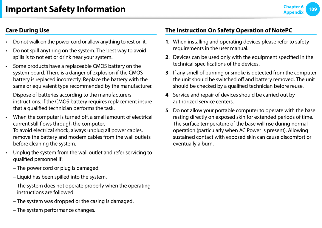 Samsung NP270E5E-X02PT manual Care During Use, The Instruction On Safety Operation of NotePC, Important Safety Information 