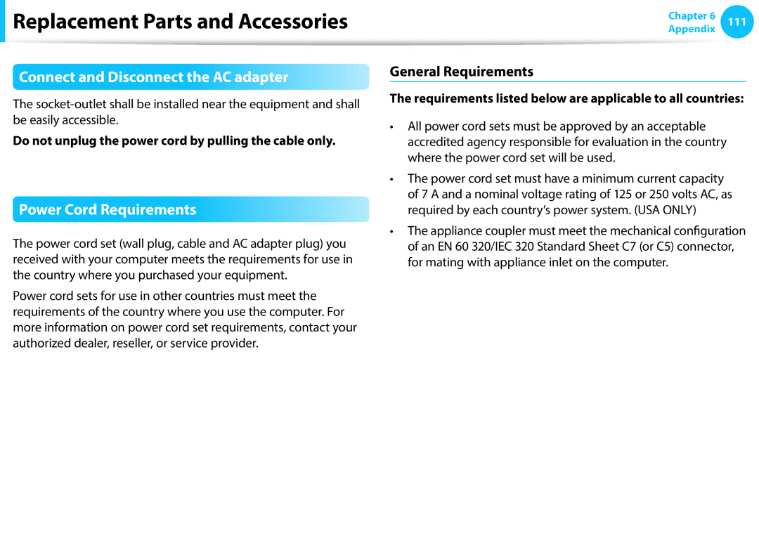 Samsung NP270E5G-K04DE, NT270E5J-K55 Connect and Disconnect the AC adapter, Power Cord Requirements, General Requirements 