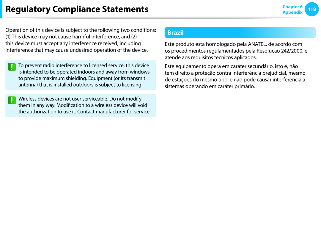 Samsung NP905S3G-K01DE, NP470R5E-X01DE, NP470R5E-X01PT, NP270E5G-K04AT, NT270E5J-K55 Brazil, Regulatory Compliance Statements 