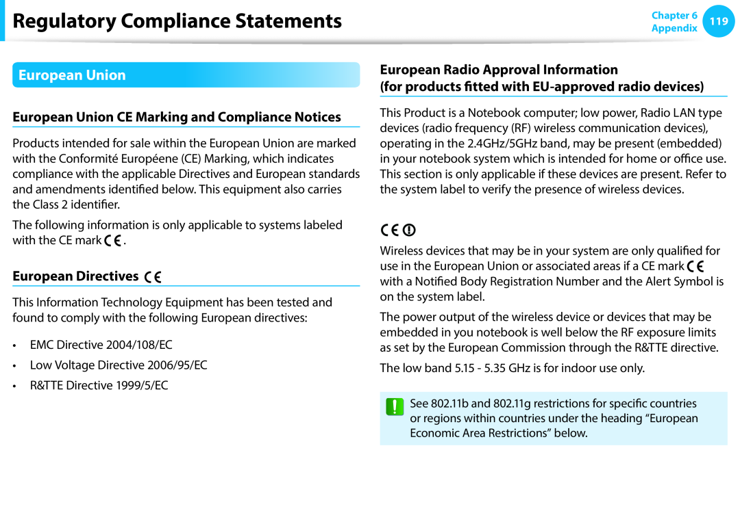 Samsung NP910S5J-K01DE, NP470R5E-X01DE manual European Union CE Marking and Compliance Notices, European Directives 