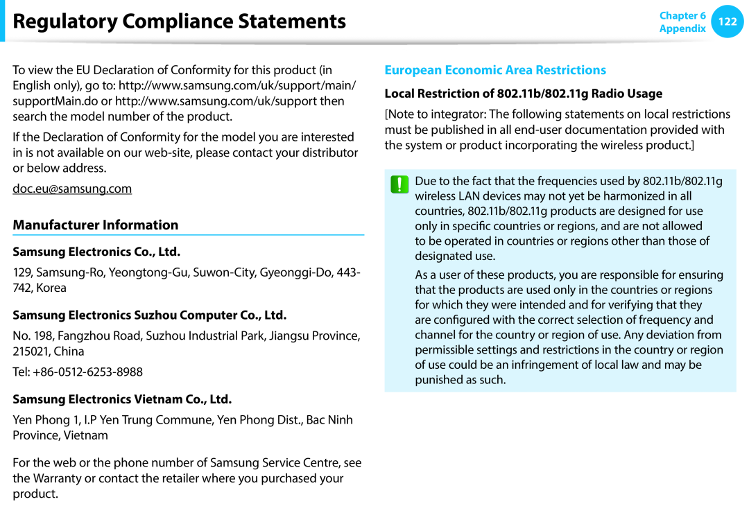 Samsung NP940X3G-K01PT Manufacturer Information, European Economic Area Restrictions, Regulatory Compliance Statements 