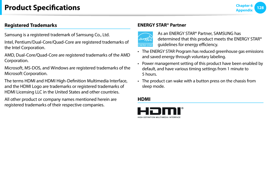 Samsung NP270E5E-K06FR, NP470R5E-X01DE manual Registered Trademarks, Hdmi, ENERGY STAR Partner, Product Specifications 