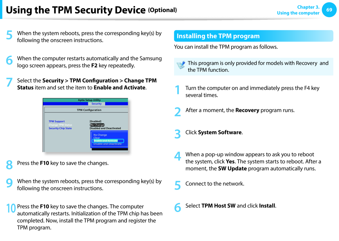 Samsung NP270E5E-K02PT manual Installing the TPM program, Using the TPM Security Device Optional, Click System Software 