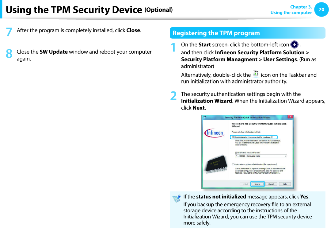 Samsung NP450R5E-X05IT, NP470R5E-X01DE, NP470R5E-X01PT Registering the TPM program, Using the TPM Security Device Optional 