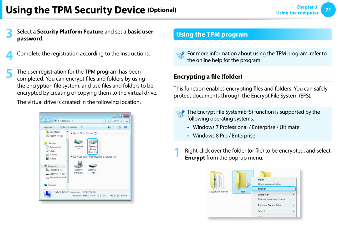 Samsung NP450R5E-X03IT manual Using the TPM Security Device Optional, Using the TPM program, Encrypting a file folder 