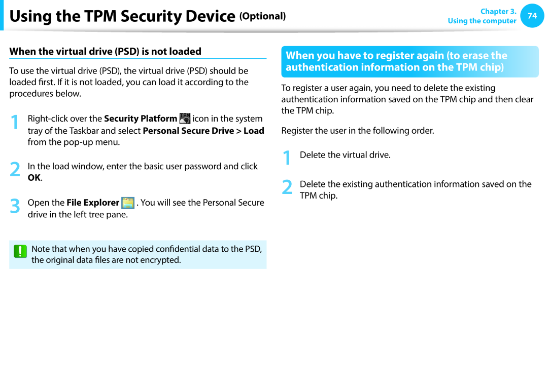 Samsung NP270E5E-X02AT, NP470R5E-X01DE When the virtual drive PSD is not loaded, Using the TPM Security Device Optional 