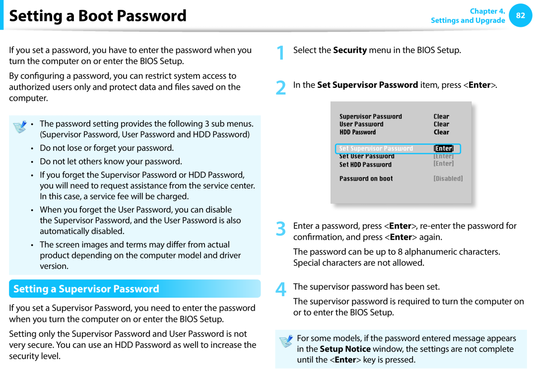 Samsung NP905S3G-K08TR, NP470R5E-X01DE, NP470R5E-X01PT, NT270E5J-K55 Setting a Boot Password, Setting a Supervisor Password 