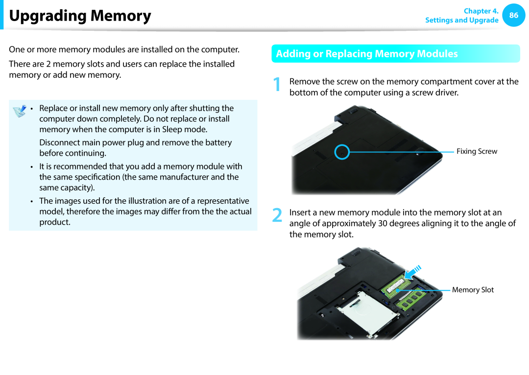 Samsung NP870Z5G-X01DE, NP470R5E-X01DE, NP470R5E-X01PT, NP270E5G-K04AT Upgrading Memory, Adding or Replacing Memory Modules 