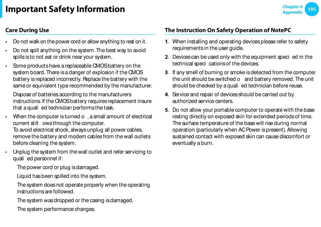 Samsung NP270E5E-K03IT, NP470R5E-X01DE, NP470R5E-X01PT manual Care During Use, Instruction On Safety Operation of NotePC 