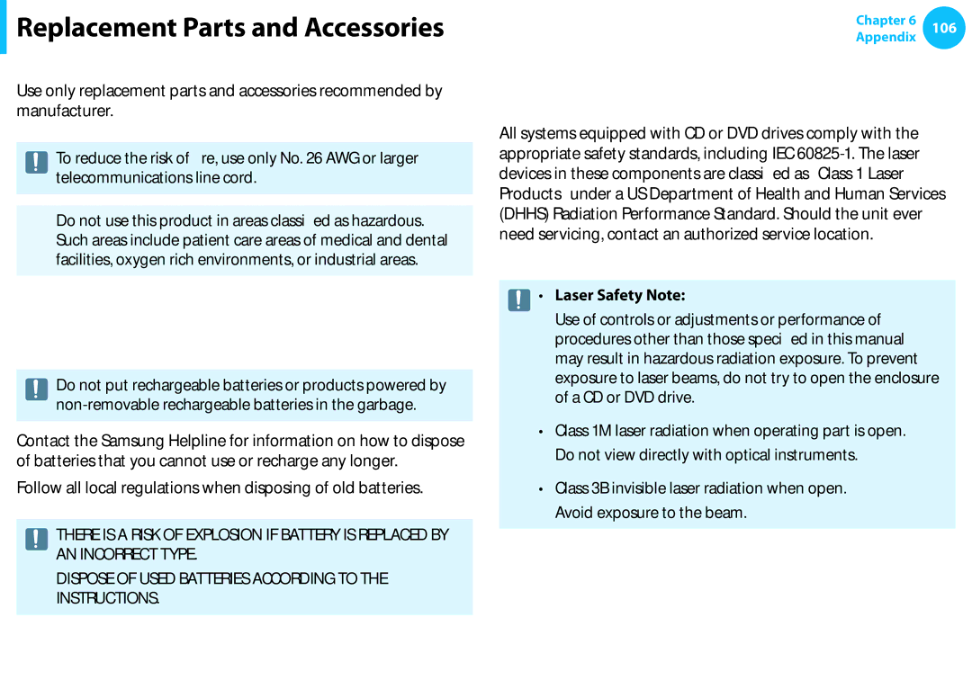 Samsung NP270E5E-X02AT, NP470R5E-X01DE manual Replacement Parts and Accessories, Battery Disposal, Laser Safety Note 