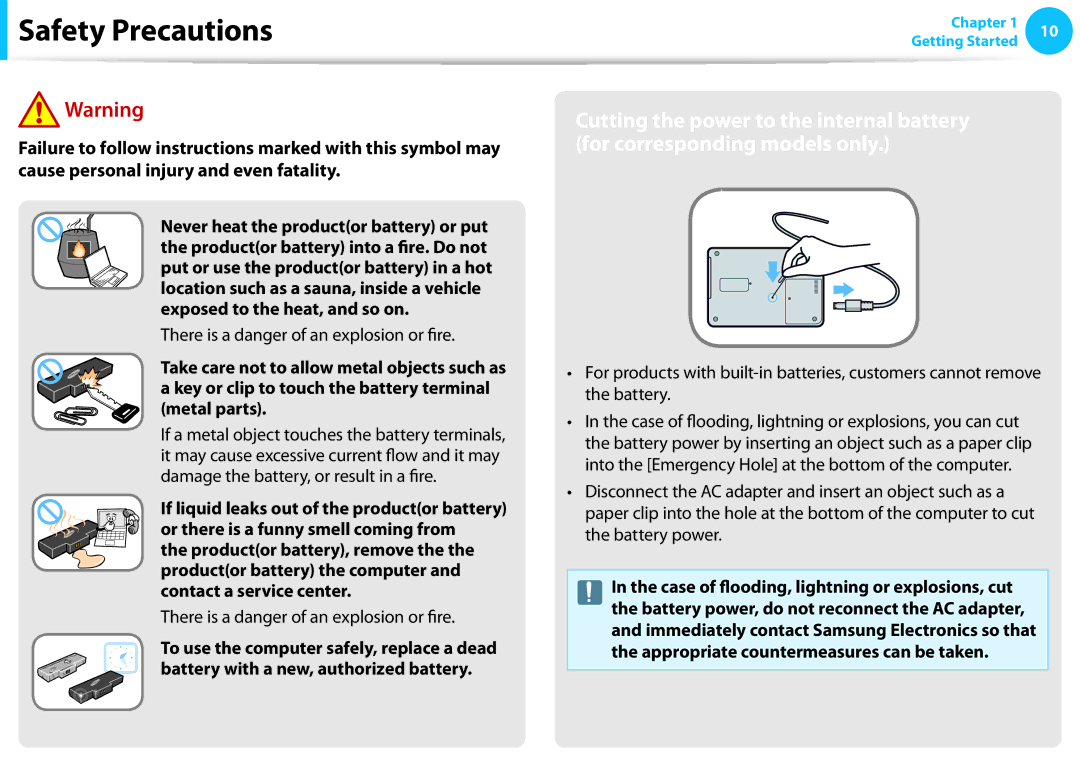 Samsung NP450R5G-X07TR, NP470R5E-X01DE, NP470R5E-X01PT, NP550P7C-S0EDE manual There is a danger of an explosion or fire 