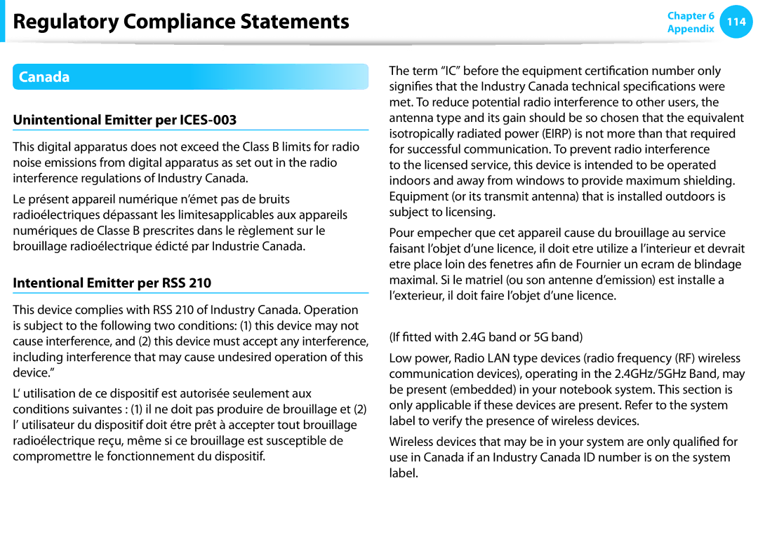 Samsung XE500T1C-A01DE, NP470R5E-X01DE manual Canada, Unintentional Emitter per ICES-003, Intentional Emitter per RSS 