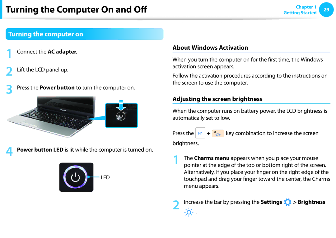 Samsung NP550P7C-S04DE Turning the Computer On and Off, Turning the computer on, About Windows Activation, Brightness 