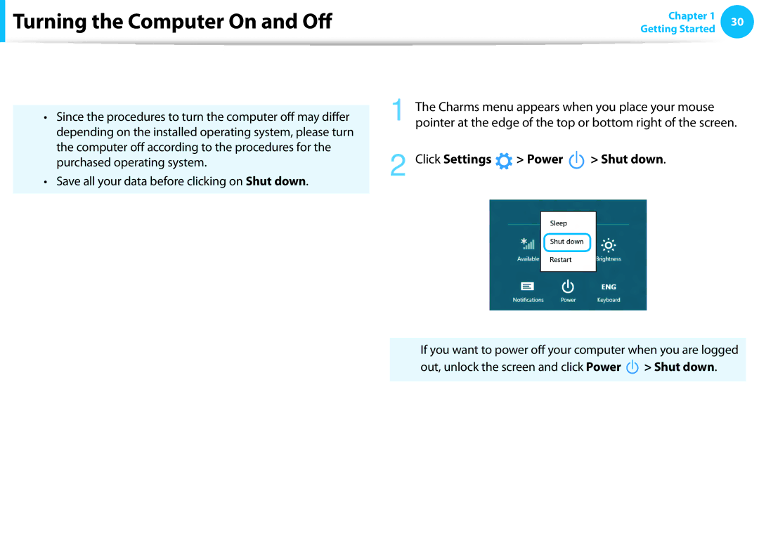 Samsung NP550P7C-S02PT manual Turning the computer off, Purchased operating system, Click Settings Power Shut down 