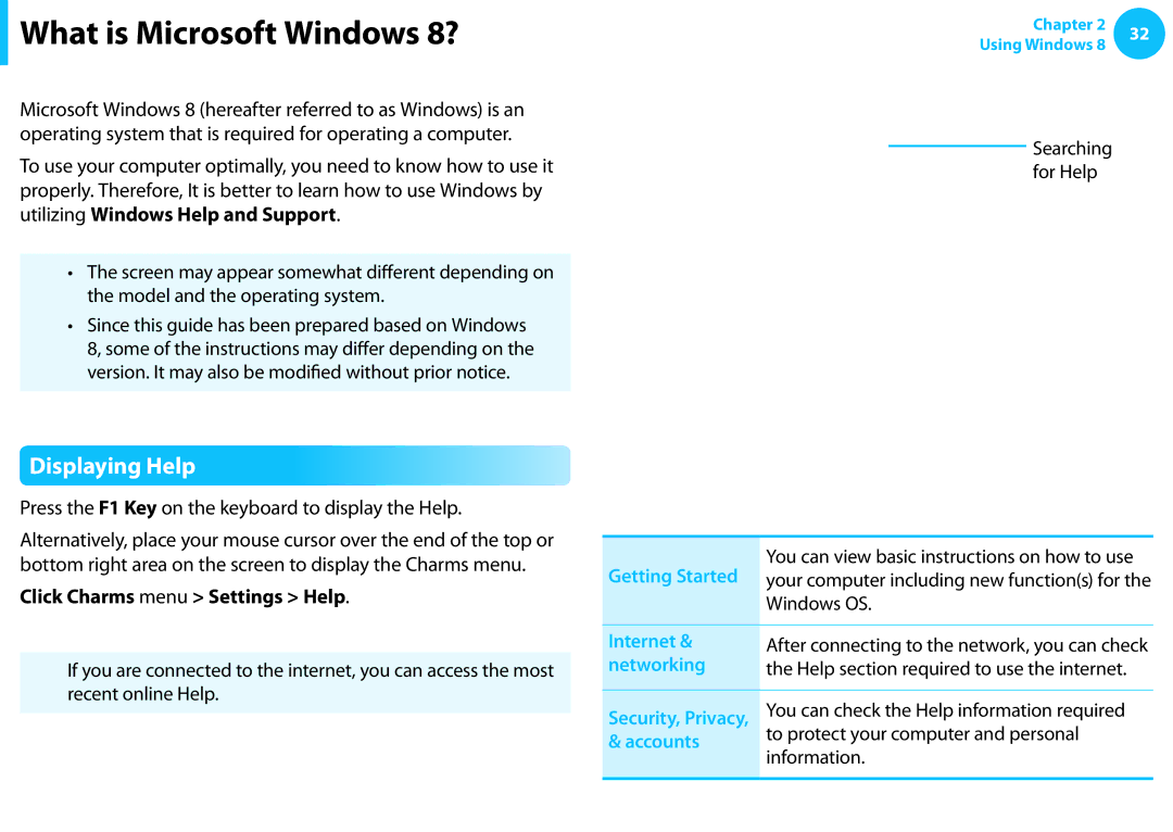 Samsung NP450R5E-X01BE, NP470R5E-X01DE, NP470R5E-X01PT, NP550P7C-S0EDE manual What is Microsoft Windows 8?, Displaying Help 