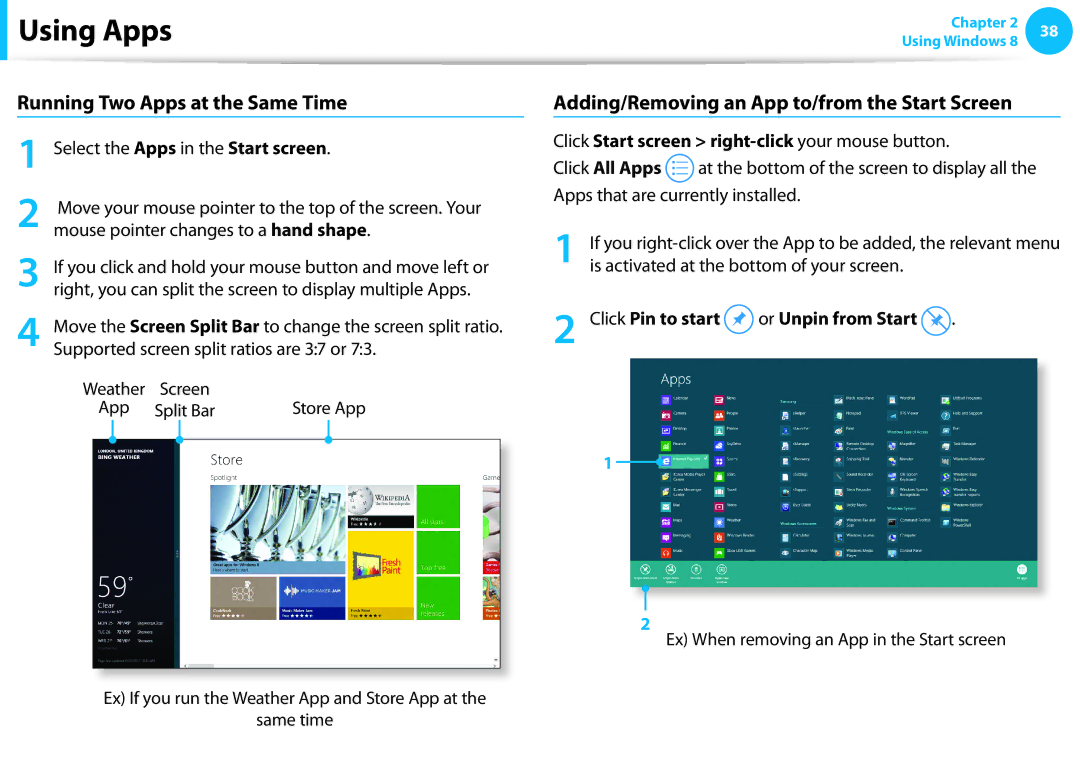 Samsung NP270E5E-K01PT, NP470R5E-X01DE Running Two Apps at the Same Time, Adding/Removing an App to/from the Start Screen 