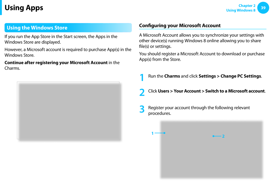 Samsung NP270E5E-K01GR, NP470R5E-X01DE, NP470R5E-X01PT Using the Windows Store, Configuring your Microsoft Account, Charms 