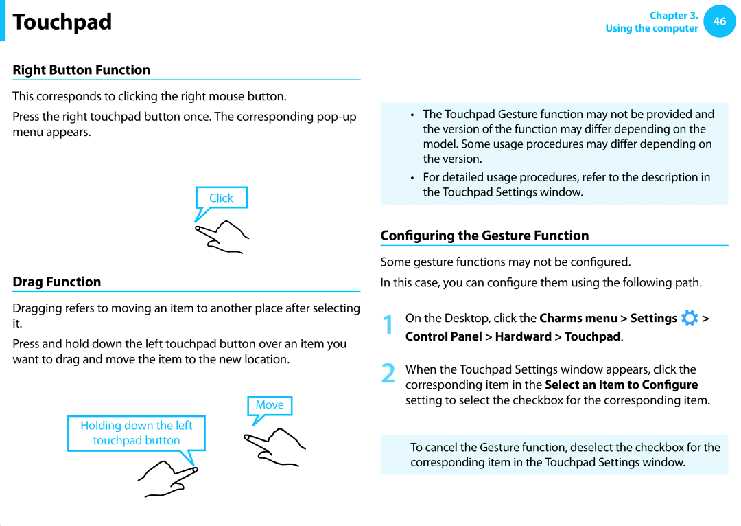 Samsung XE700T1C-G02TR, NP470R5E-X01DE manual Right Button Function, Drag Function, Configuring the Gesture Function 