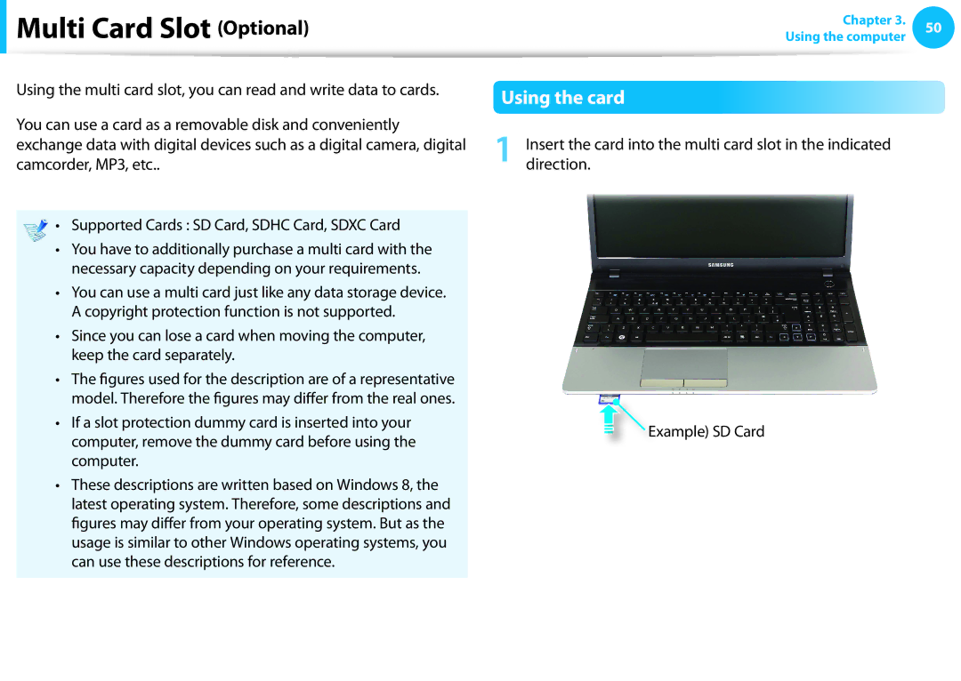 Samsung NP550P5C-S02DE, NP470R5E-X01DE, NP470R5E-X01PT, NP550P7C-S0EDE manual Multi Card Slot Optional, Using the card 