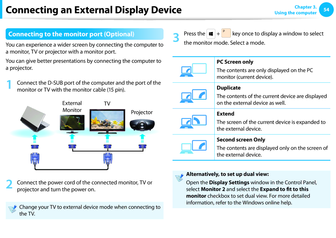 Samsung NP940X3G-K02IT, NP470R5E-X01DE, NP470R5E-X01PT, NP550P7C-S0EDE manual Connecting to the monitor port Optional 