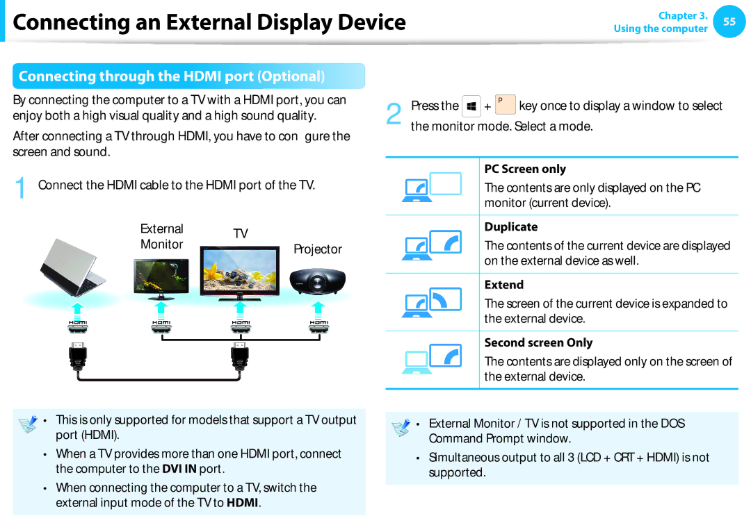 Samsung NP940X3G-K01DE, NP470R5E-X01DE, NP470R5E-X01PT, NP550P7C-S0EDE manual Connecting through the Hdmi port Optional 