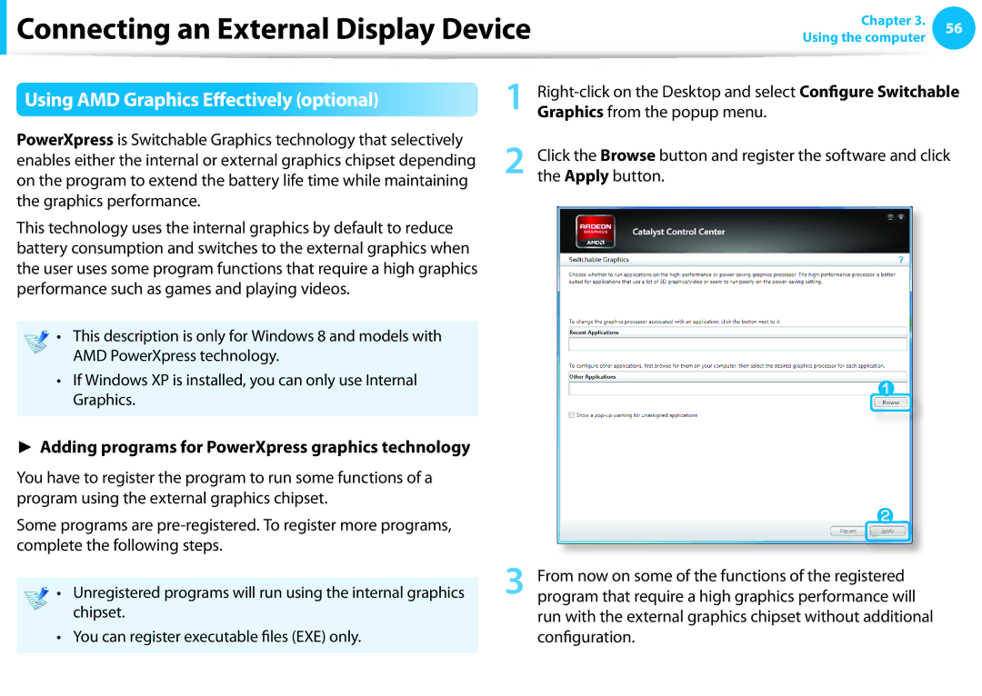 Samsung NP915S3G-K04AT manual Using AMD Graphics Effectively optional, Adding programs for PowerXpress graphics technology 