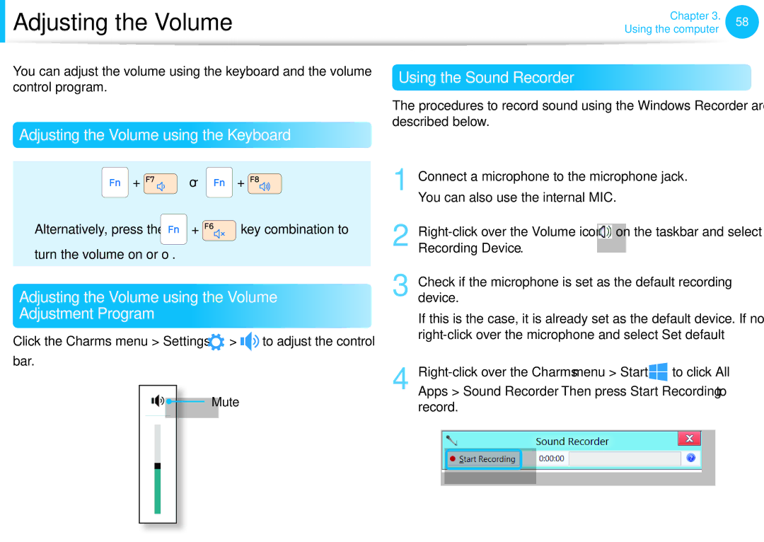 Samsung NP915S3G-K01DE, NP470R5E-X01DE manual Adjusting the Volume using the Keyboard, Using the Sound Recorder 