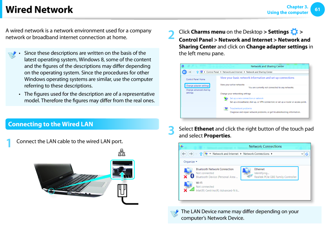 Samsung NP905S3G-K02DE manual Wired Network, Connecting to the Wired LAN, Connect the LAN cable to the wired LAN port 