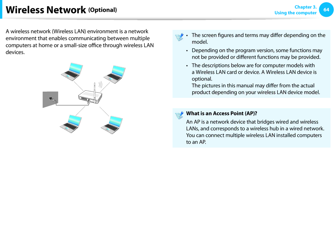 Samsung NP905S3G-K04TR, NP470R5E-X01DE Wireless Network Optional, Screen gures and terms may dier depending on the model 